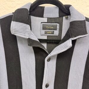 Porter & Ash Mens Blue Black Vertical Stripe Jacquard Ribbed Button Shirt M
